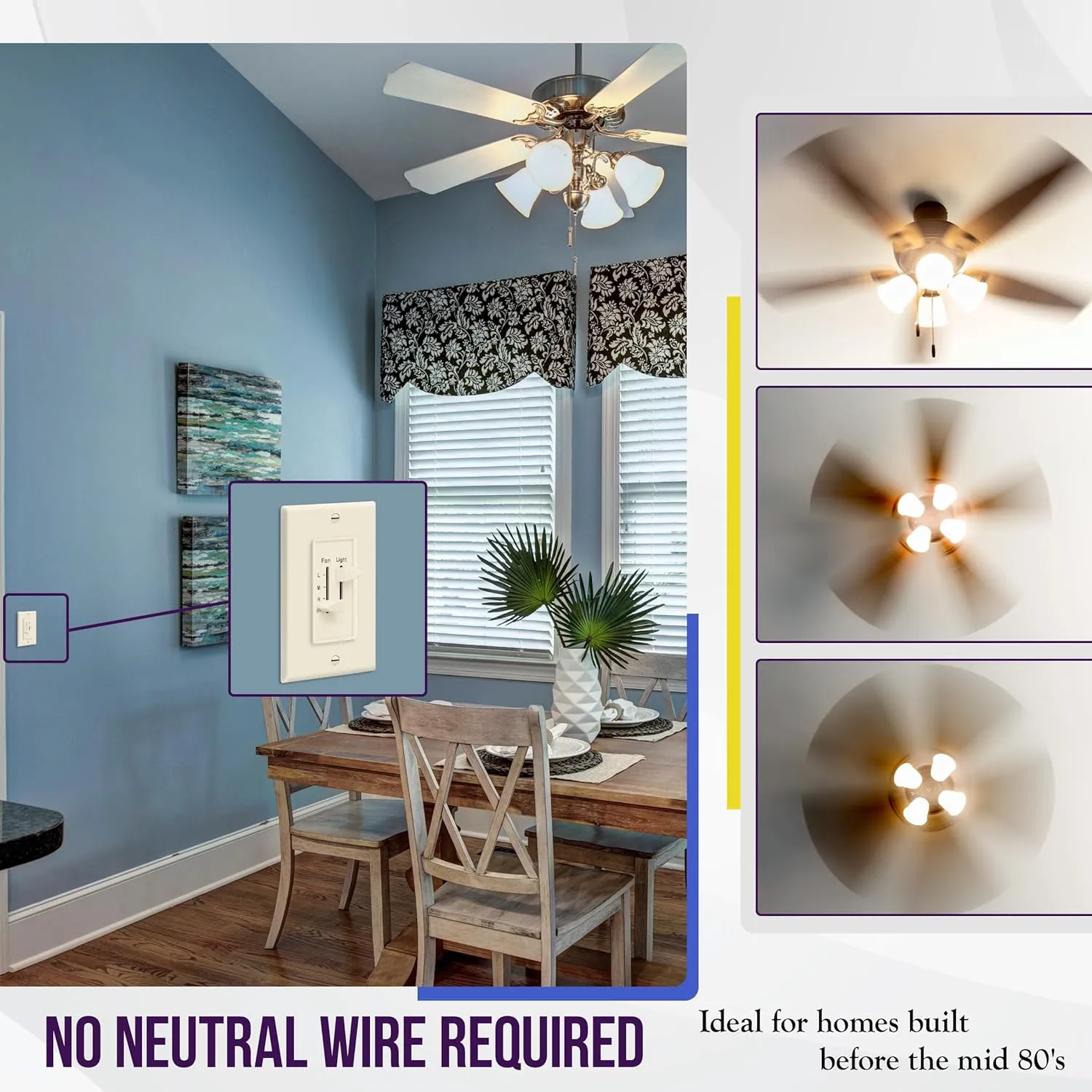 ENERLITES 3 Speed Ceiling Fan Control and LED Dimmer Light Switch, Light and Fan Combination Switch, Single Pole, 2.5A, 300W Incandescent, No Neutral Wire Required, 17001-F3-LA-F, Light Almond