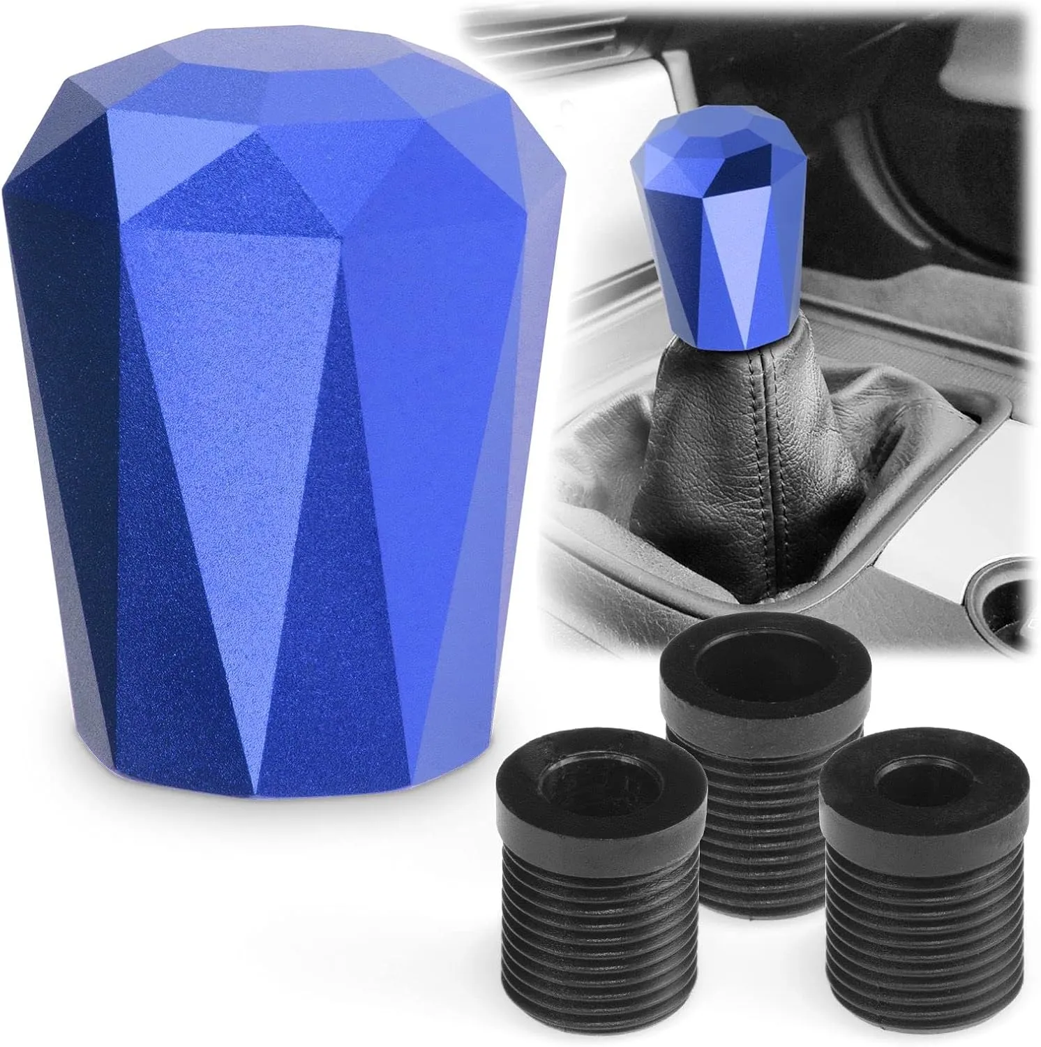 EZAUTO WRAP Universal Blue Diamond Shifter Chrome Aluminum Automatic Shift Knob Stick Manal Gear Lever Handle with 3 Threaded Adapters