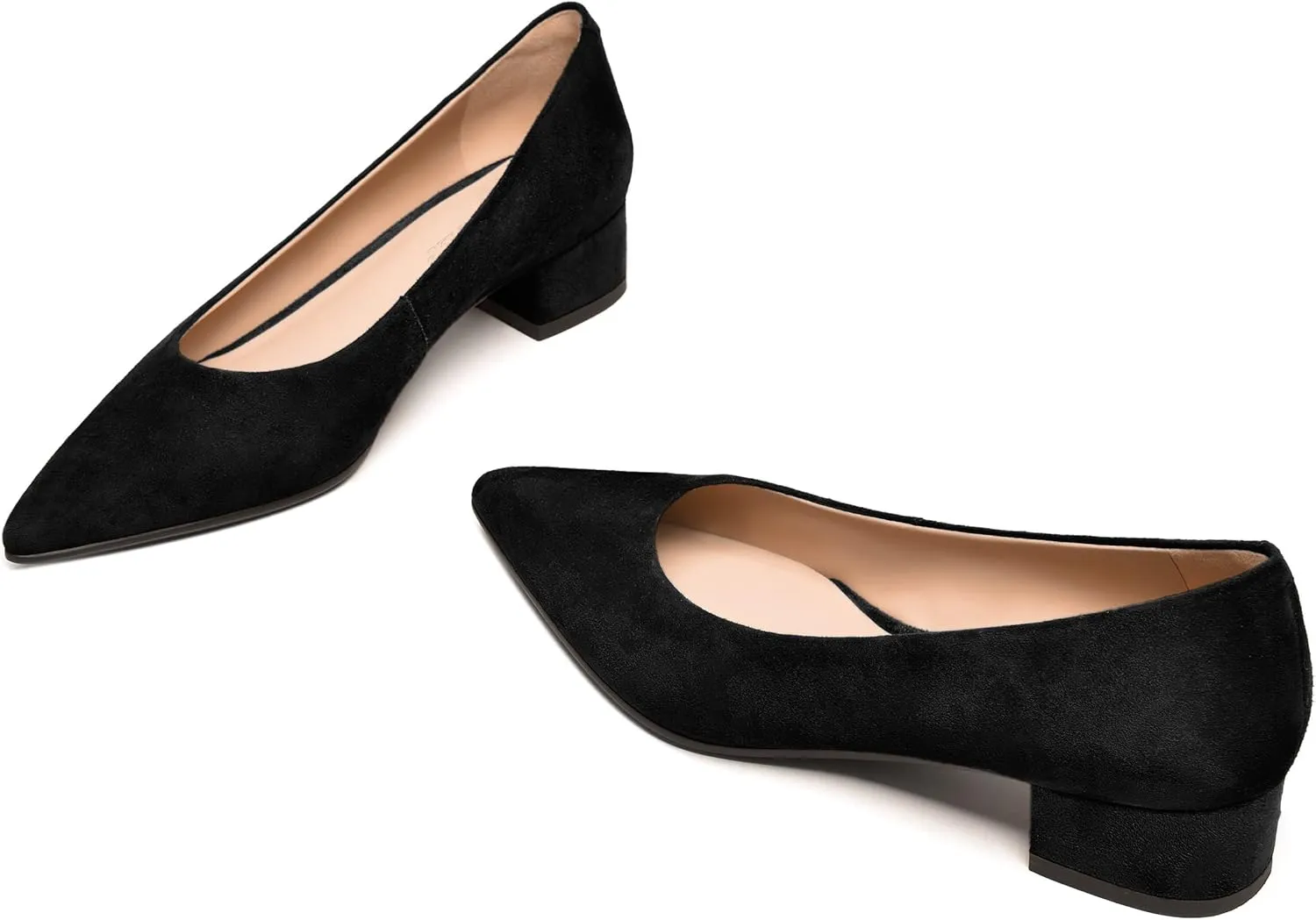 FEMSTEP Womens Slip On Pointed Toe Suede Leather Office Casual Chunky Low Heel Pumps Shoes 1.5 Inch