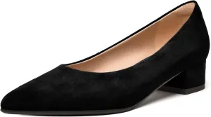 FEMSTEP Womens Slip On Pointed Toe Suede Leather Office Casual Chunky Low Heel Pumps Shoes 1.5 Inch