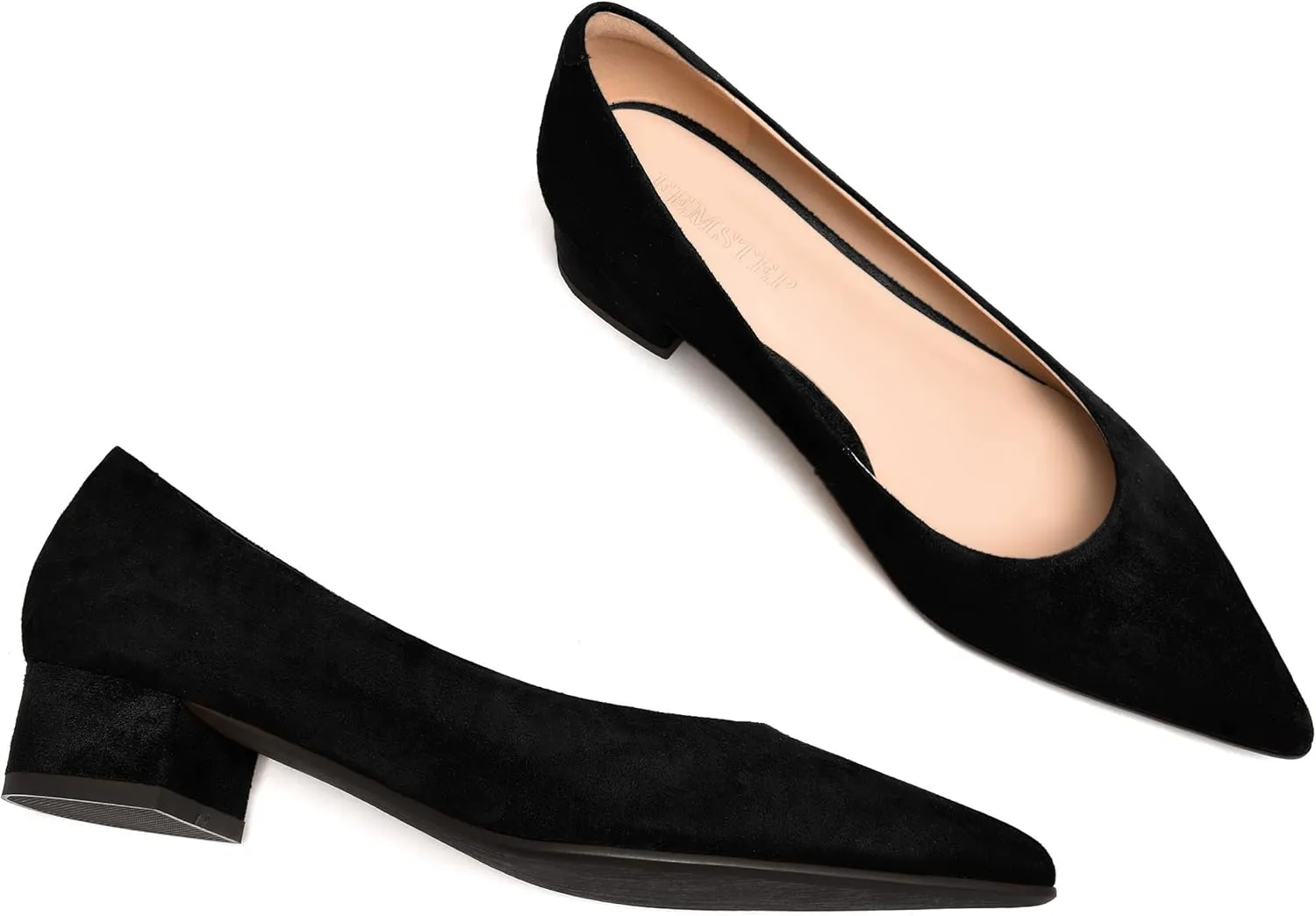FEMSTEP Womens Slip On Pointed Toe Suede Leather Office Casual Chunky Low Heel Pumps Shoes 1.5 Inch