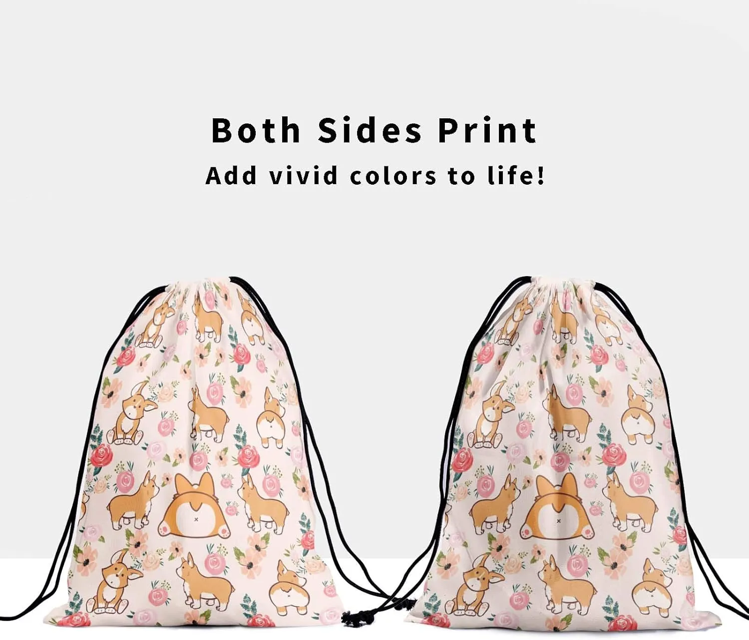 Floral Corgi Drawstring Grip Bags - Pink Flowers Dogs Grip Bag Cartoon Nature Corgis Cartoon Animals Drawstring Storage Bags Gym Pouch Shoe Bags Adjustable Waterproof Polyester Towel Bag