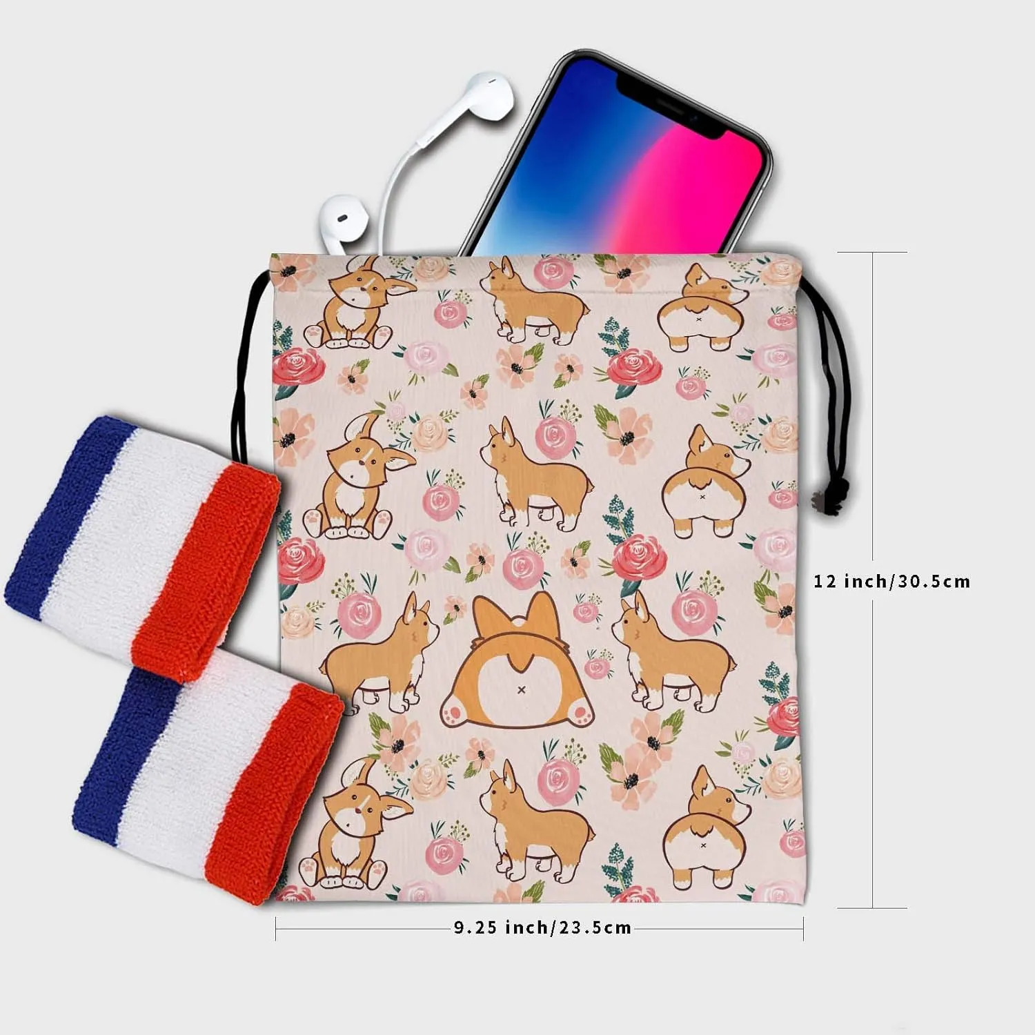 Floral Corgi Drawstring Grip Bags - Pink Flowers Dogs Grip Bag Cartoon Nature Corgis Cartoon Animals Drawstring Storage Bags Gym Pouch Shoe Bags Adjustable Waterproof Polyester Towel Bag