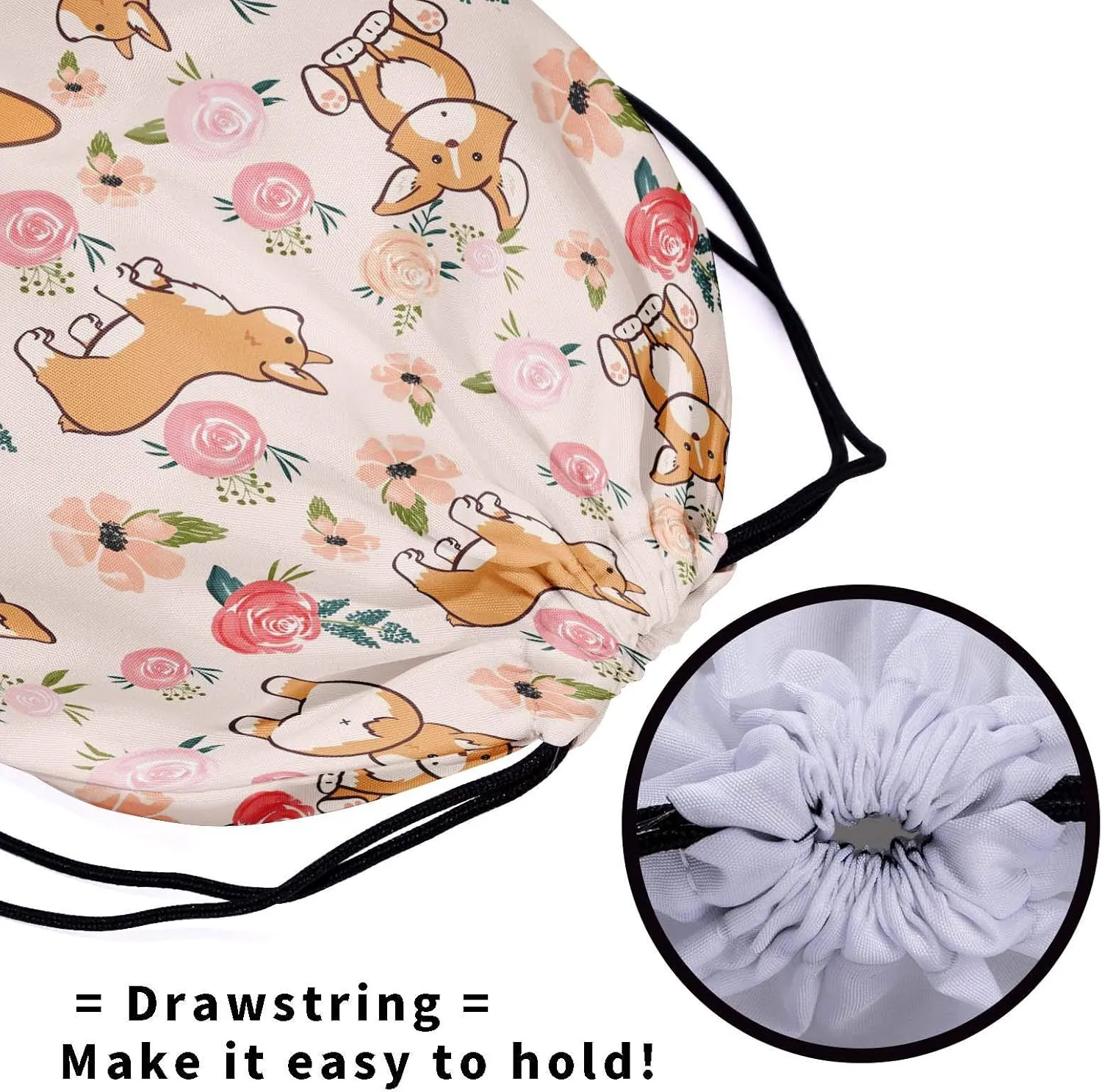 Floral Corgi Drawstring Grip Bags - Pink Flowers Dogs Grip Bag Cartoon Nature Corgis Cartoon Animals Drawstring Storage Bags Gym Pouch Shoe Bags Adjustable Waterproof Polyester Towel Bag