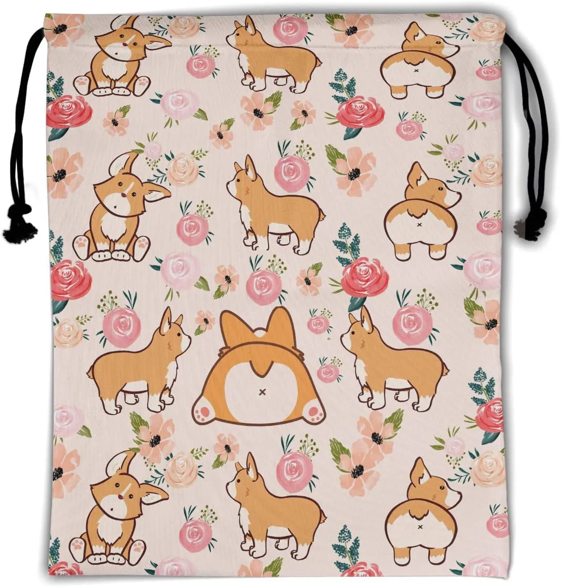 Floral Corgi Drawstring Grip Bags - Pink Flowers Dogs Grip Bag Cartoon Nature Corgis Cartoon Animals Drawstring Storage Bags Gym Pouch Shoe Bags Adjustable Waterproof Polyester Towel Bag