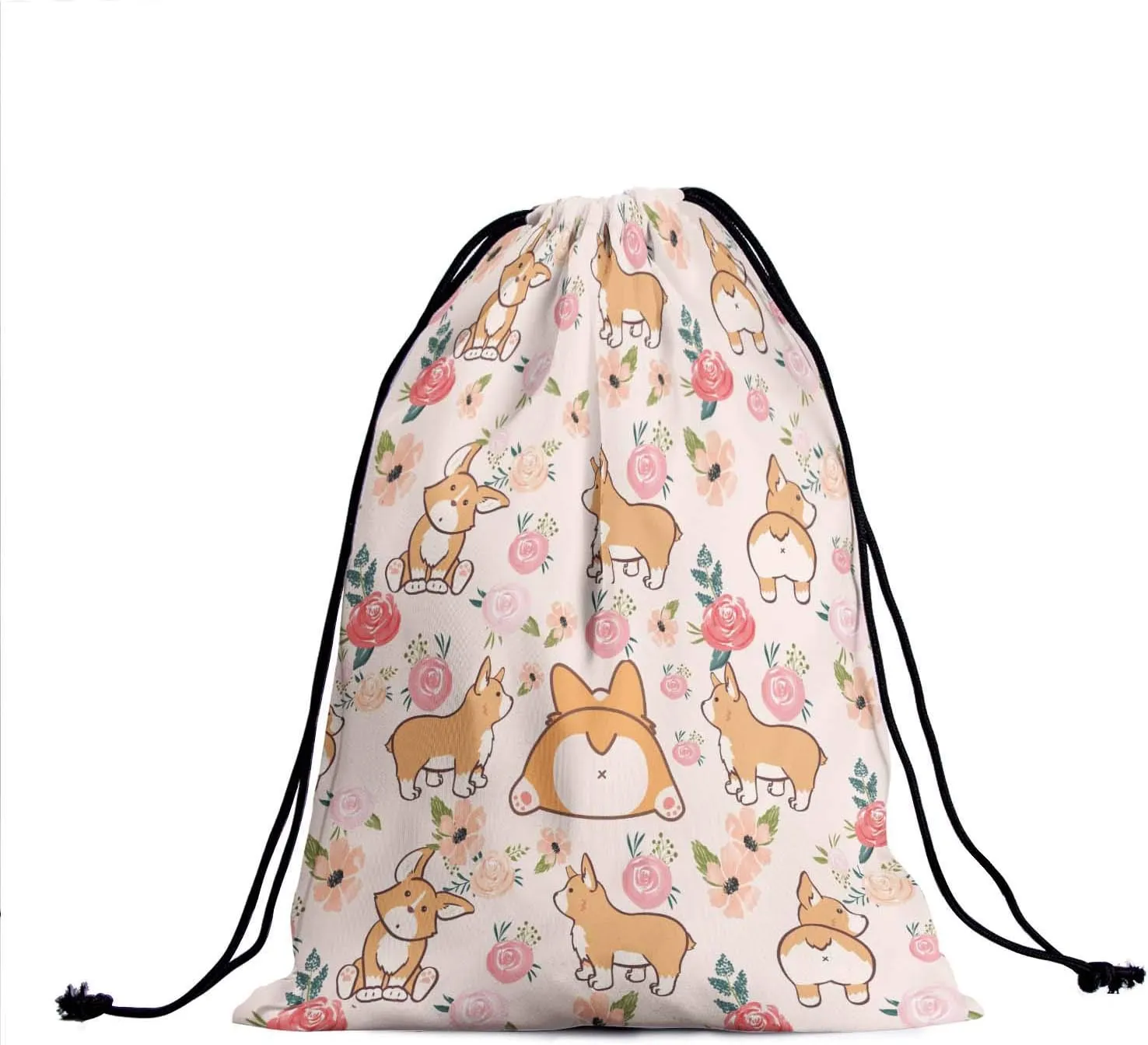 Floral Corgi Drawstring Grip Bags - Pink Flowers Dogs Grip Bag Cartoon Nature Corgis Cartoon Animals Drawstring Storage Bags Gym Pouch Shoe Bags Adjustable Waterproof Polyester Towel Bag