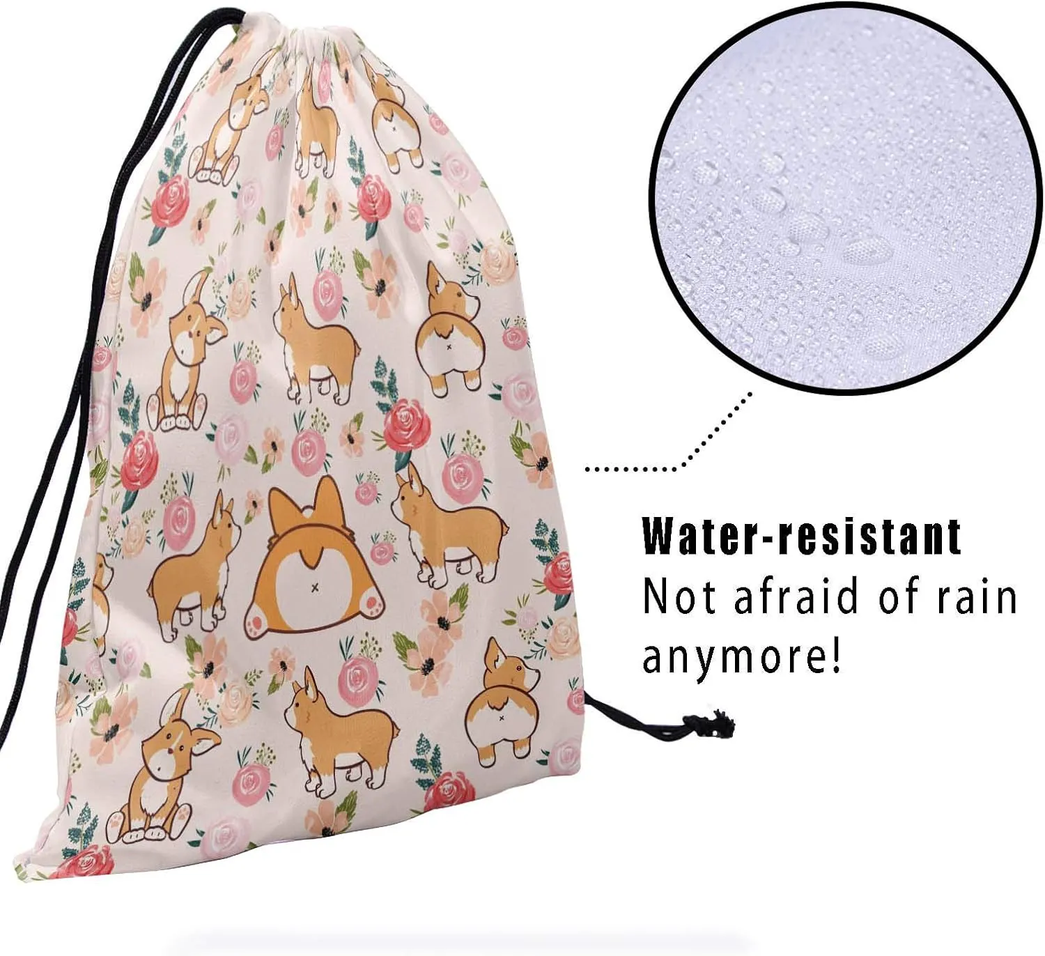 Floral Corgi Drawstring Grip Bags - Pink Flowers Dogs Grip Bag Cartoon Nature Corgis Cartoon Animals Drawstring Storage Bags Gym Pouch Shoe Bags Adjustable Waterproof Polyester Towel Bag