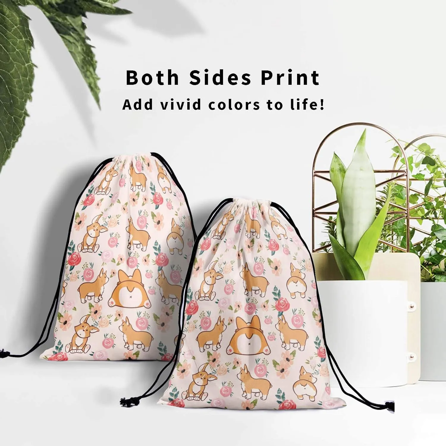 Floral Corgi Drawstring Grip Bags - Pink Flowers Dogs Grip Bag Cartoon Nature Corgis Cartoon Animals Drawstring Storage Bags Gym Pouch Shoe Bags Adjustable Waterproof Polyester Towel Bag