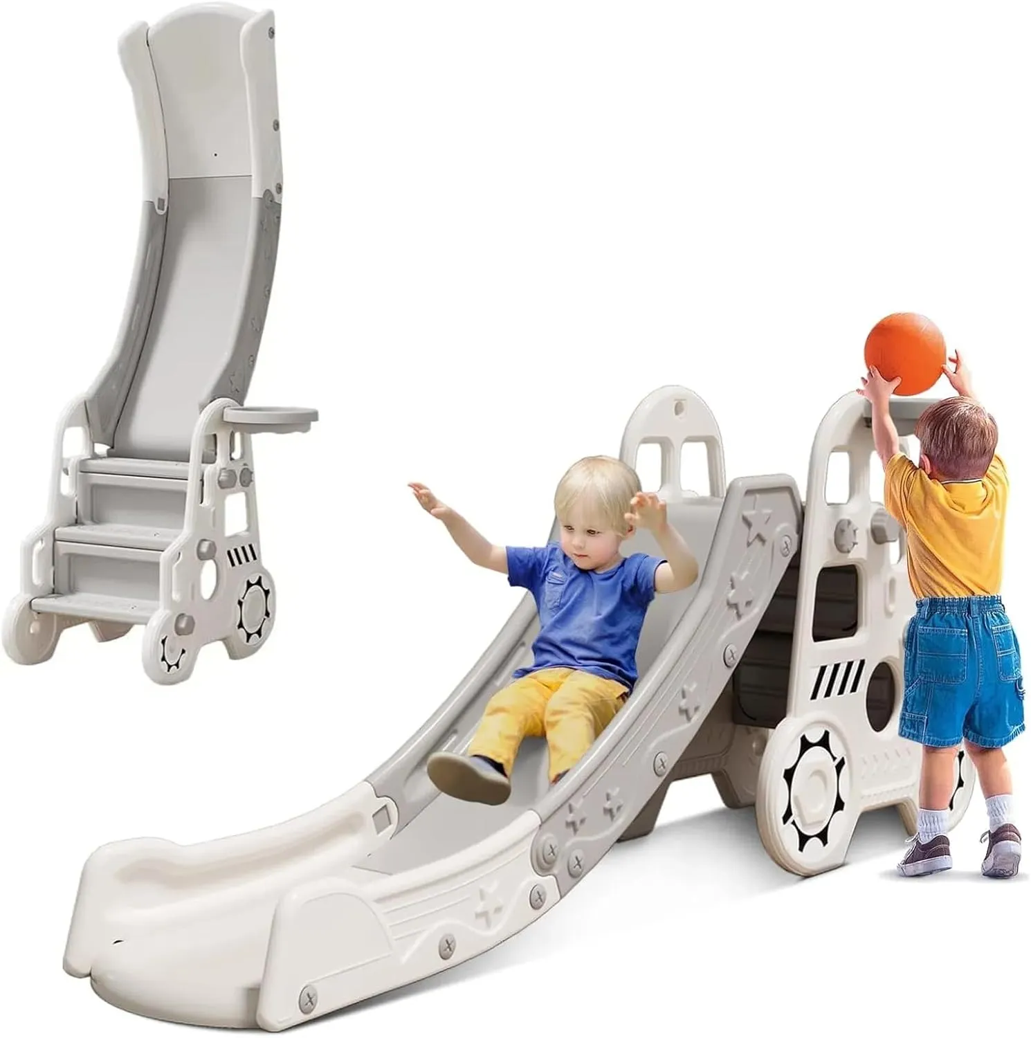 Foldable Slide for Toddler Age 3-5 Folding Slide Freestanding Slides 4 in 1 Toddler Slide Stair Slides Indoor for Kids on Stairs with Basketball Hoop & Outdoor Playground