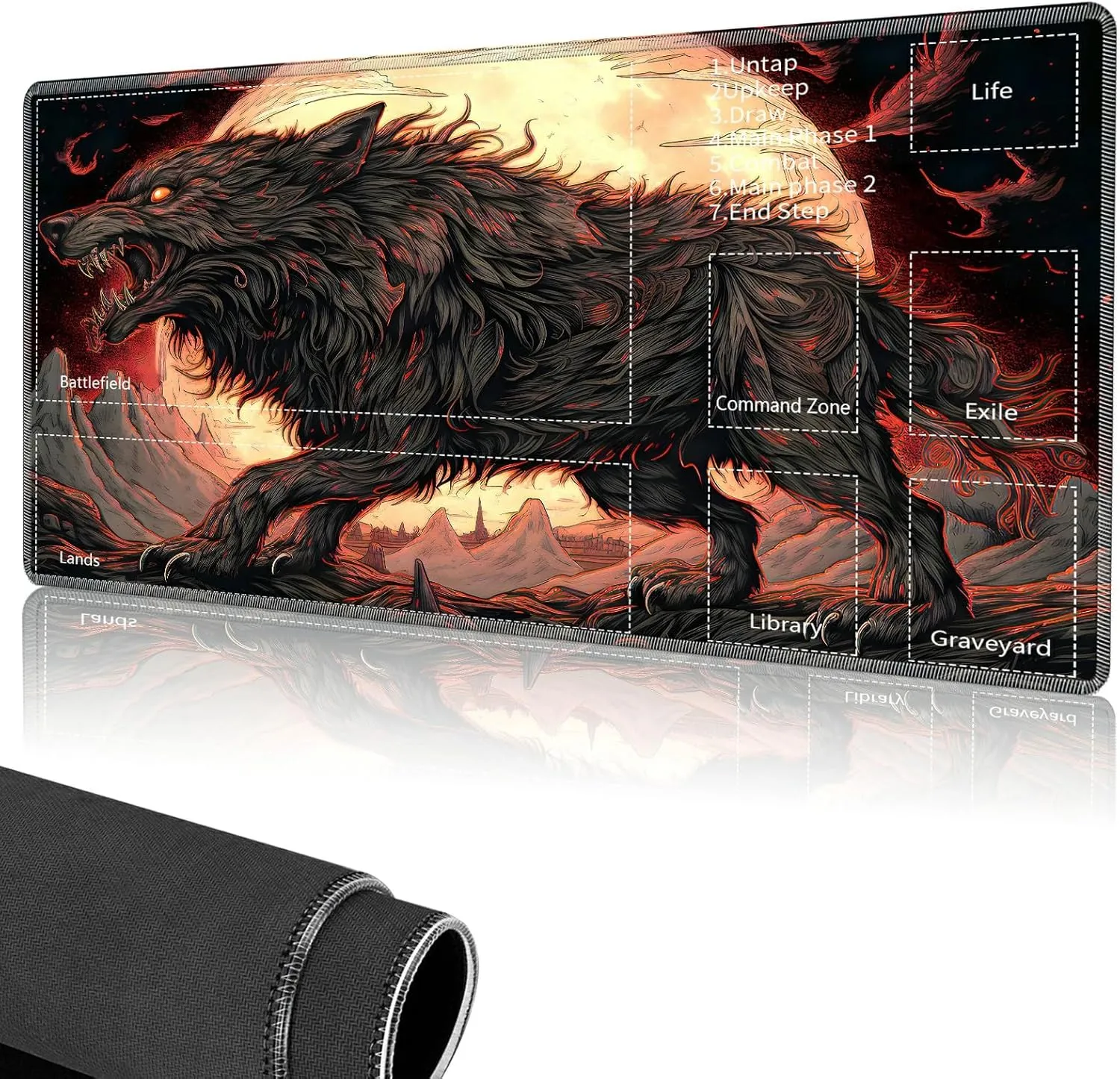 for MTG Playmat,Card Playmat Stitched with Magic Zone for MTG Card Game Playing, 24x14 inches Card Playmats Smooth Cloth Surface Non-Slip Silicone Bottom Battle Game Mat-Hell Wolf