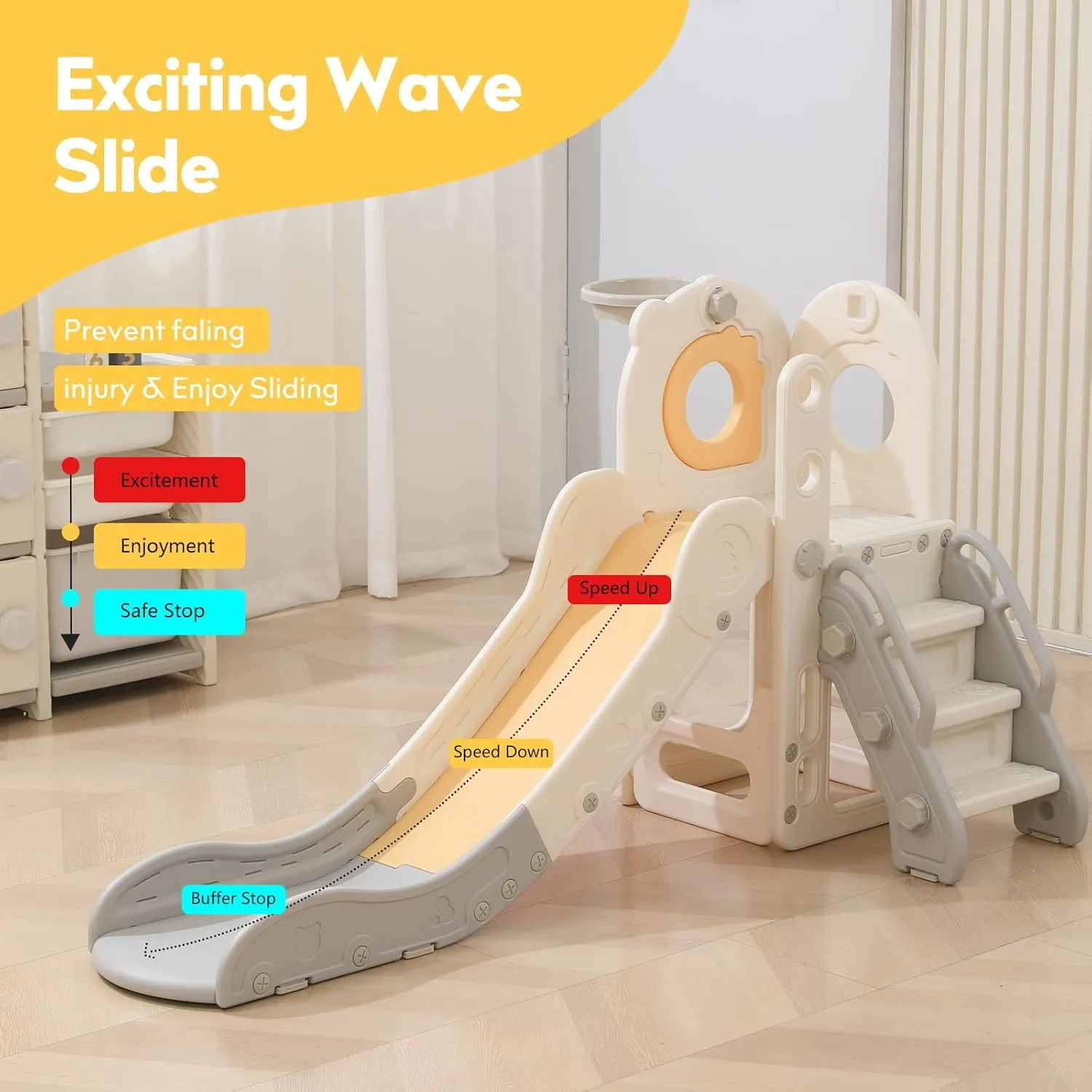 Freestanding Toddler Slide, 5 in 1 Kids Indoor Playset for Toddlers 1-3，L Shaped Slide with Basketball Hoop，Baby Climber for Indoor Outdoor for Boys and Girls Birthday, Sturdy Playground Toy
