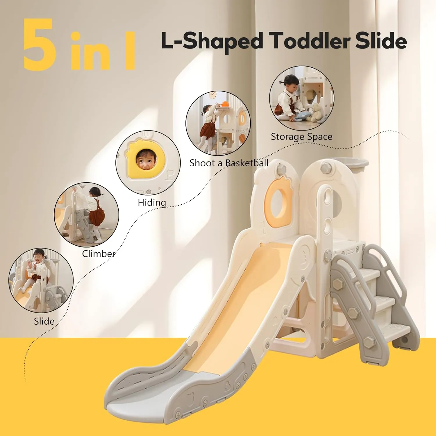 Freestanding Toddler Slide, 5 in 1 Kids Indoor Playset for Toddlers 1-3，L Shaped Slide with Basketball Hoop，Baby Climber for Indoor Outdoor for Boys and Girls Birthday, Sturdy Playground Toy