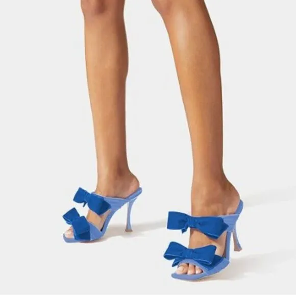 FSJ Light Blue Sexy Two Bows Open Toe Mules High Heel Slip On Party Slides Shoes