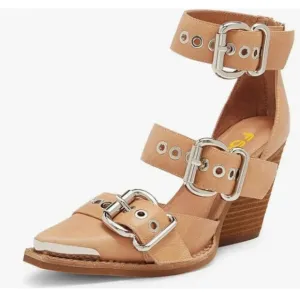 FSJ Light Brown Pointed Toe Metal Buckle Hollow Out Stacked Heel Pumps