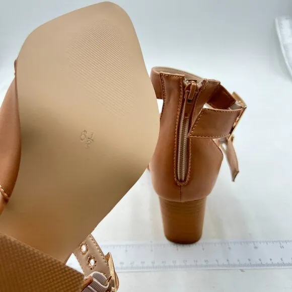 FSJ Light Brown Pointed Toe Metal Buckle Hollow Out Stacked Heel Pumps