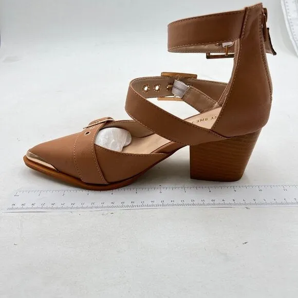 FSJ Light Brown Pointed Toe Metal Buckle Hollow Out Stacked Heel Pumps