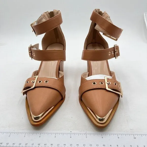 FSJ Light Brown Pointed Toe Metal Buckle Hollow Out Stacked Heel Pumps