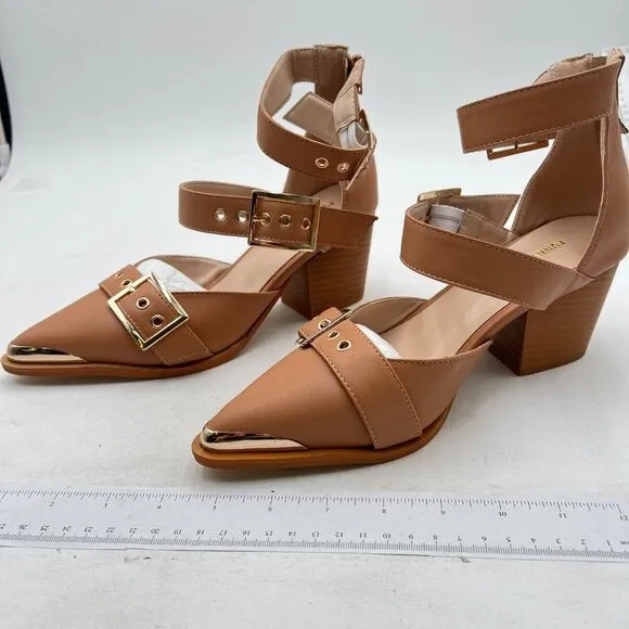 FSJ Light Brown Pointed Toe Metal Buckle Hollow Out Stacked Heel Pumps
