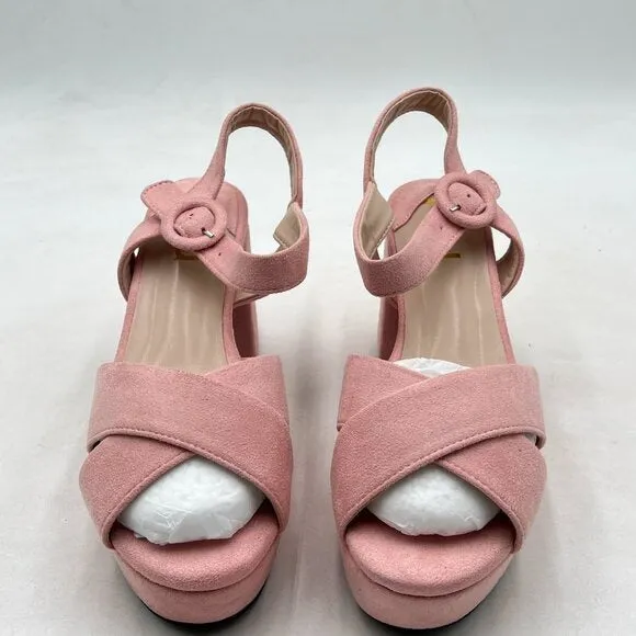 FSJ Light Pink Peep Toe Chunky High Heels Platform Sandal Ankle Strap Suede Shoe