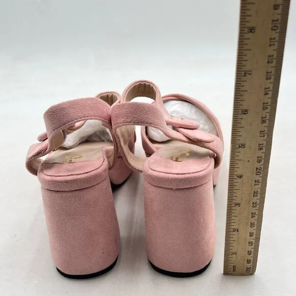 FSJ Light Pink Peep Toe Chunky High Heels Platform Sandal Ankle Strap Suede Shoe