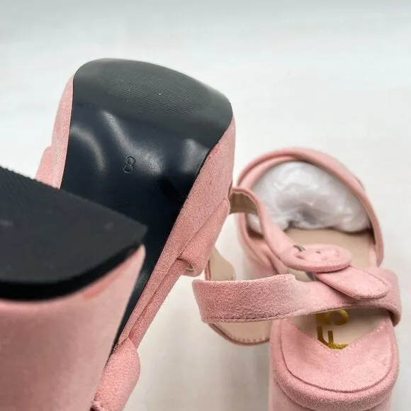 FSJ Light Pink Peep Toe Chunky High Heels Platform Sandal Ankle Strap Suede Shoe