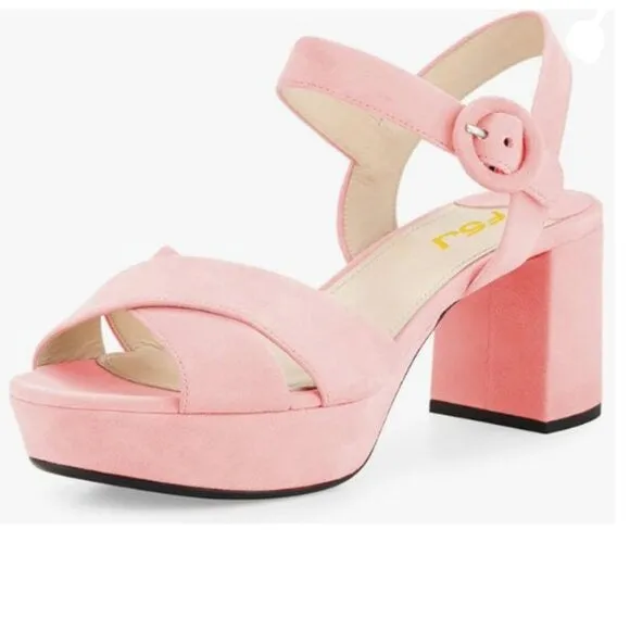FSJ Light Pink Peep Toe Chunky High Heels Platform Sandal Ankle Strap Suede Shoe