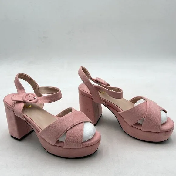 FSJ Light Pink Peep Toe Chunky High Heels Platform Sandal Ankle Strap Suede Shoe