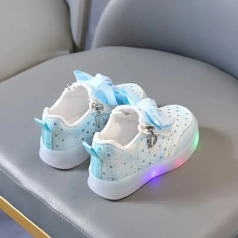 Girls' LED Light-Up Sneakers with Bow & Heart Design - Stylish Winter Shoes