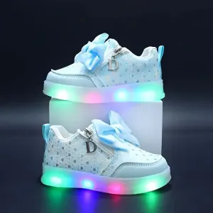 Girls' LED Light-Up Sneakers with Bow & Heart Design - Stylish Winter Shoes