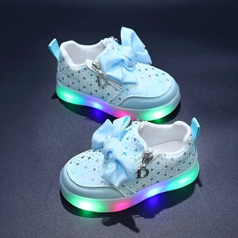 Girls' LED Light-Up Sneakers with Bow & Heart Design - Stylish Winter Shoes