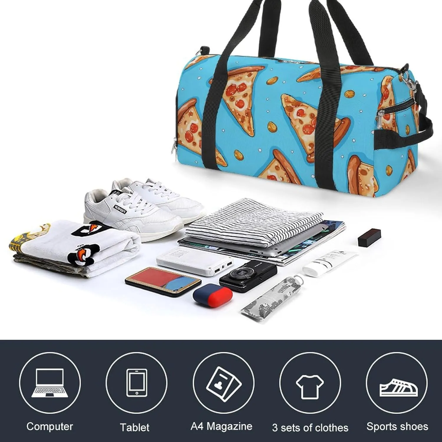 Gym Bag Light Blue Pizza Slice Duffel Bag for Men Women Overnight Bag with Shoe Compartment Workout Bags