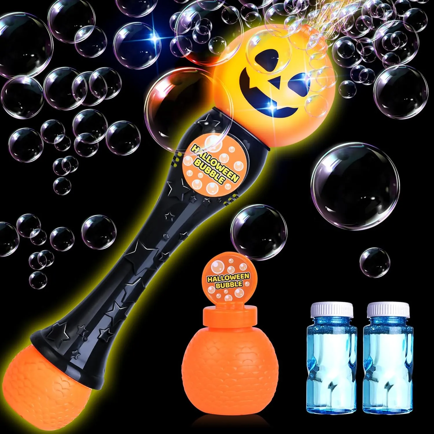 Halloween Bubble Wand, Halloween Party Favor for Kids, Halloween Light up Toys, Pumpkin Bubble Blower Wand with LED Effect, Toys for Boys Girls