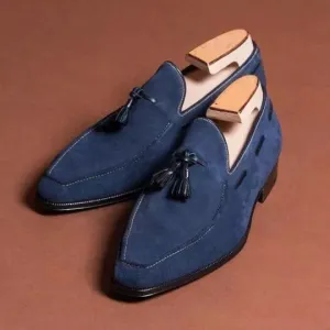 Handmade Blue Suede Tassels Slip Ons, Men Office Loafers Shoes, Dress Moccasins