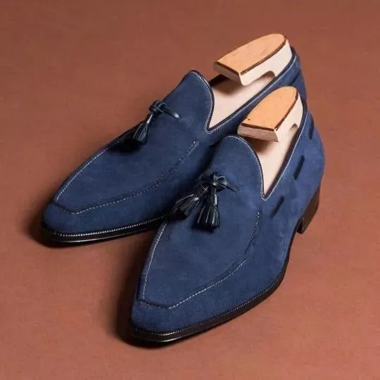Handmade Blue Suede Tassels Slip Ons, Men Office Loafers Shoes, Dress Moccasins