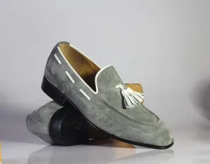 Handmade Men's Gray Suede Tassels Loafer Shoes, Men Designer Dress Formal Shoes