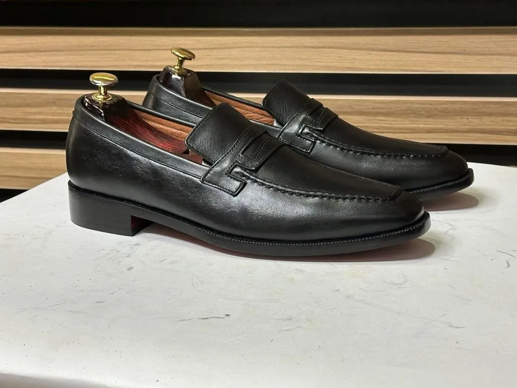 Handmade Penny Loafer Shoes, Leather Black Shoes For Men's