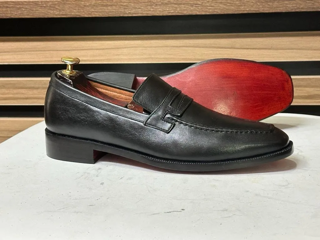 Handmade Penny Loafer Shoes, Leather Black Shoes For Men's