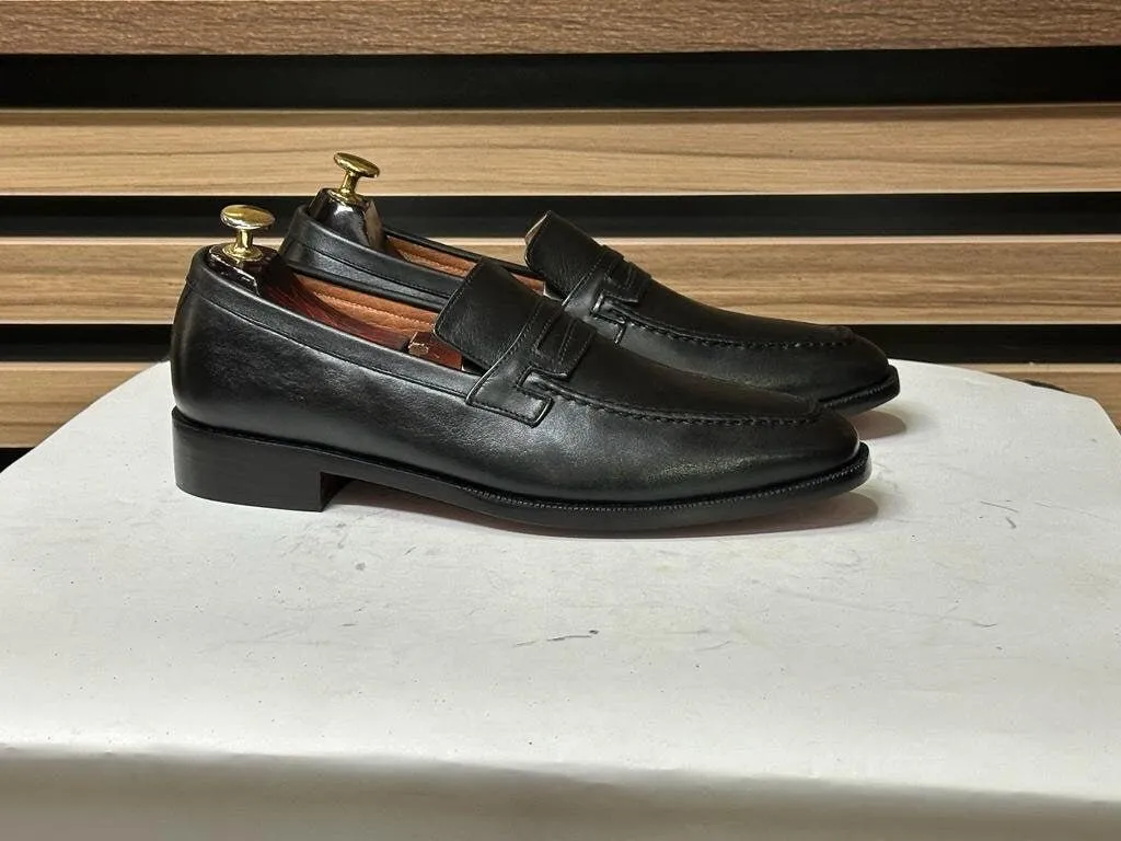 Handmade Penny Loafer Shoes, Leather Black Shoes For Men's