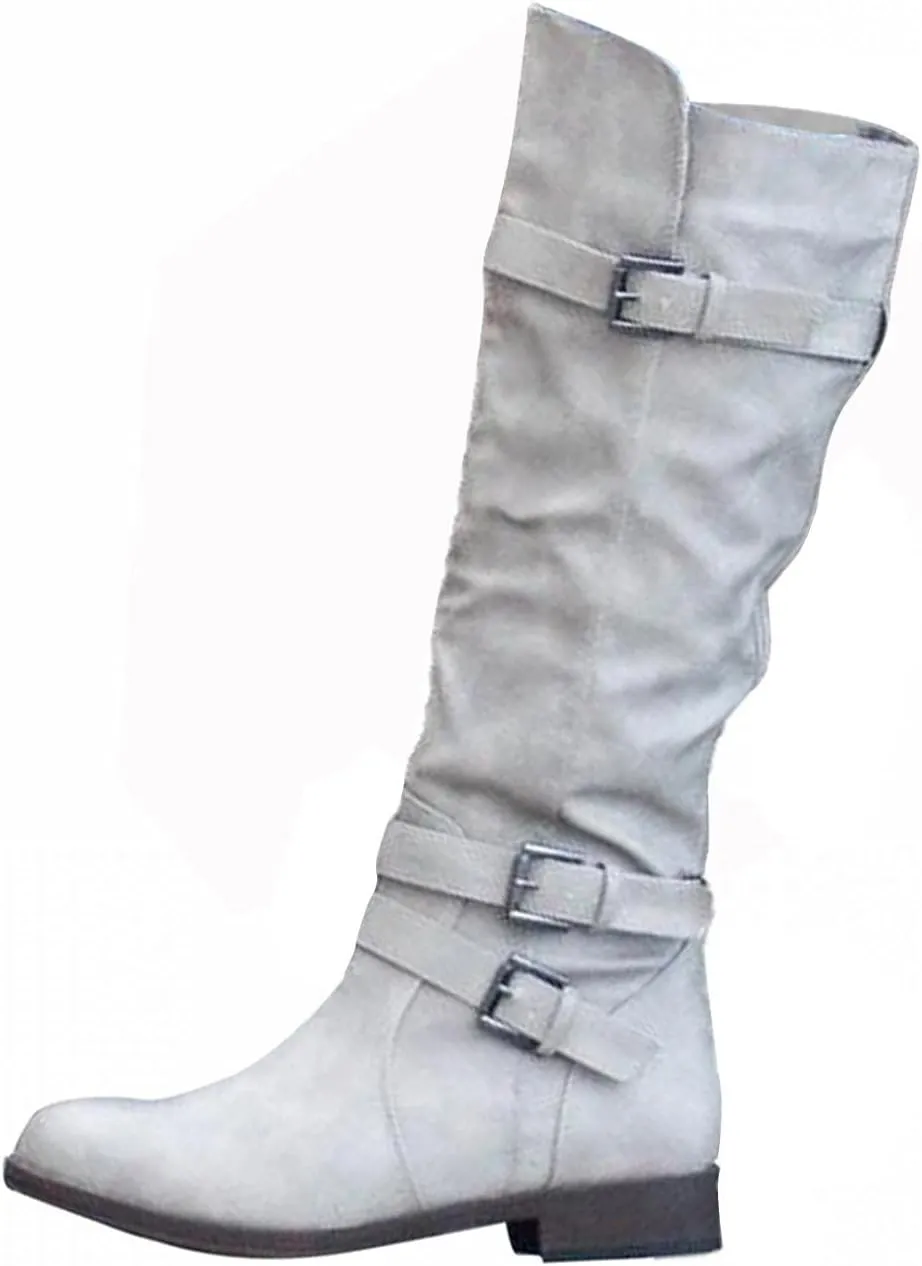 Hbeylia Women's Knee High Length Boots Fashion Slouchy Ruched Wide Over The Knee Boots Chunky Block Low Heels Flats Tall Boots With Side Zip Winter Warm Casual Dress Long Boots For Women Ladies