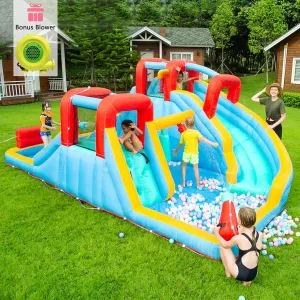 HECCEI Giant Inflatable Water Bounce House with Trampoline, Water Slide, and Pool, with 750W Air Blower and a Carry Bag (Global Limited Edition)