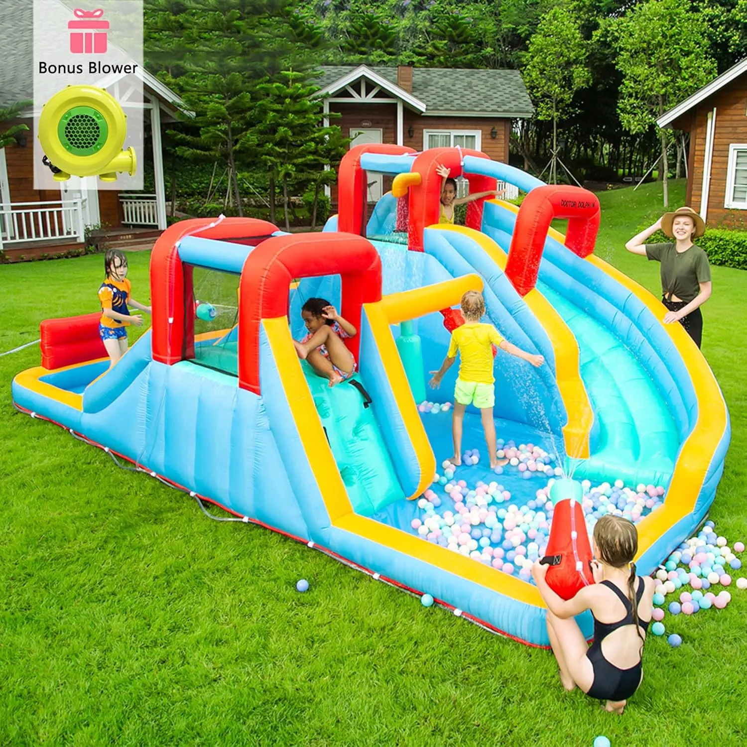 HECCEI Giant Inflatable Water Bounce House with Trampoline, Water Slide, and Pool, with 750W Air Blower and a Carry Bag (Global Limited Edition)