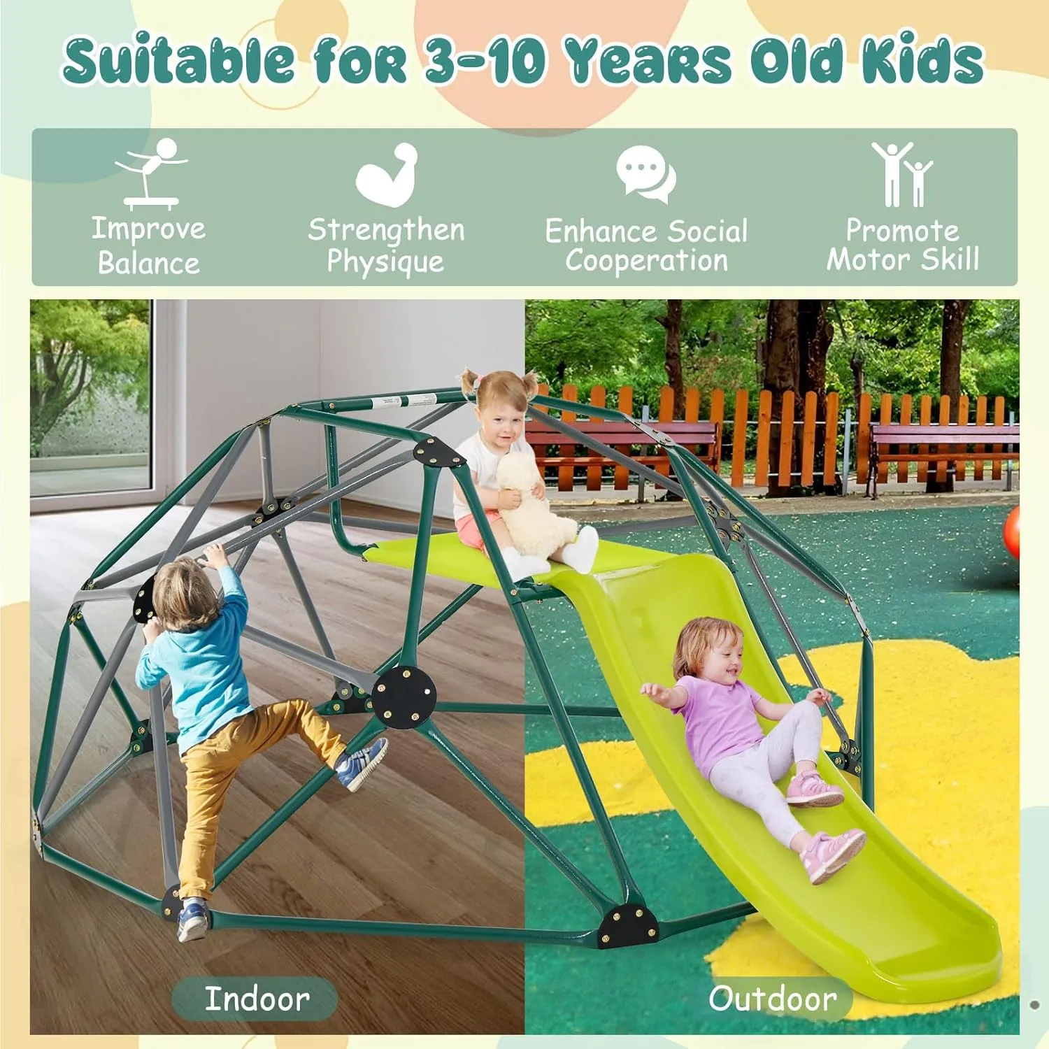 HONEY JOY Climbing Dome with Slide, 8FT Jungle Gym Monkey Bar for Backyard, Outdoor Climbing Toys for Toddlers Playground Equipment, Geometric Dome Climber for Kids Age 3-8, Gift for Boys Girls, Green