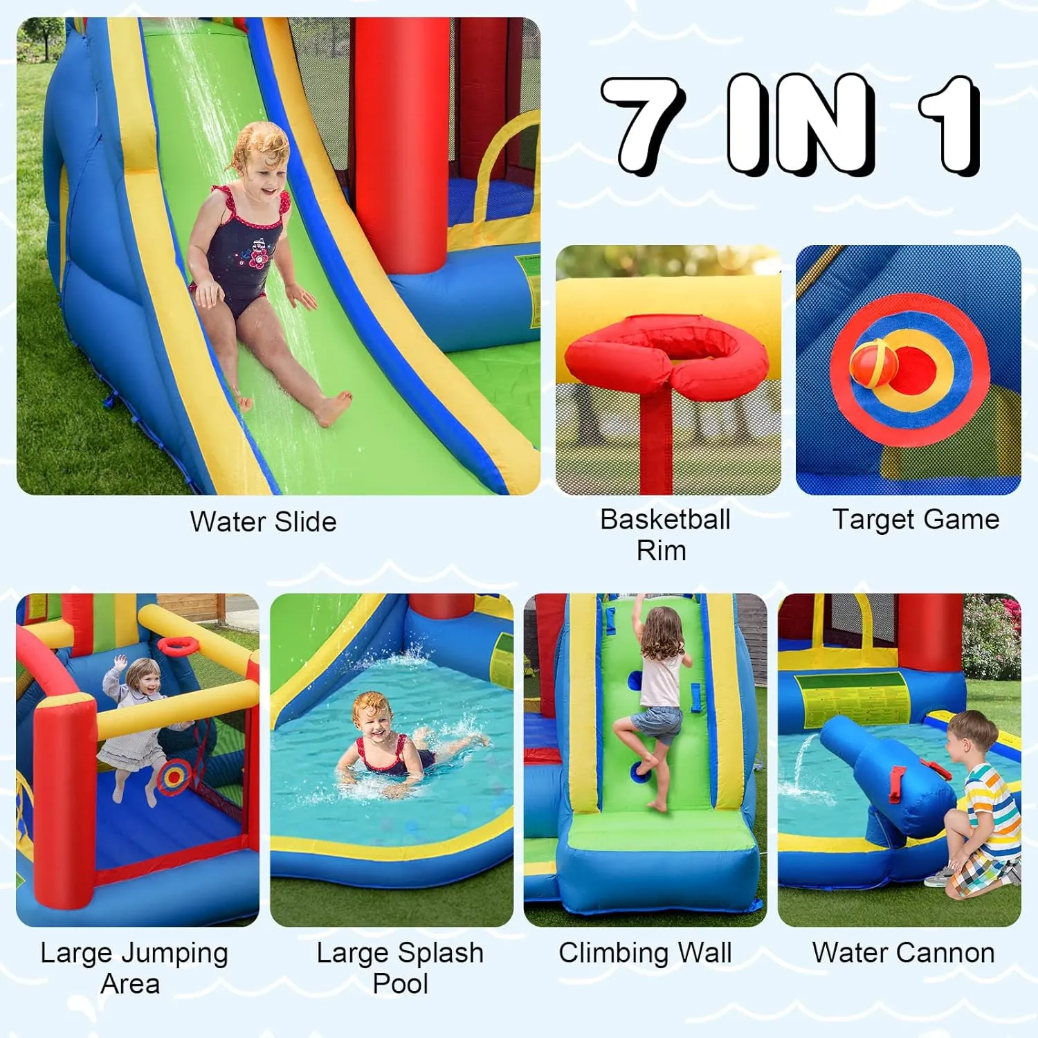 HONEY JOY Inflatable Water Slide, 7-in-1 Toddler Blow Up Bouncy Water Park, Giant Splash Pool, Outdoor Water Bounce House Water Slides Inflatables for Kids and Adults Backyard(Without Blower)