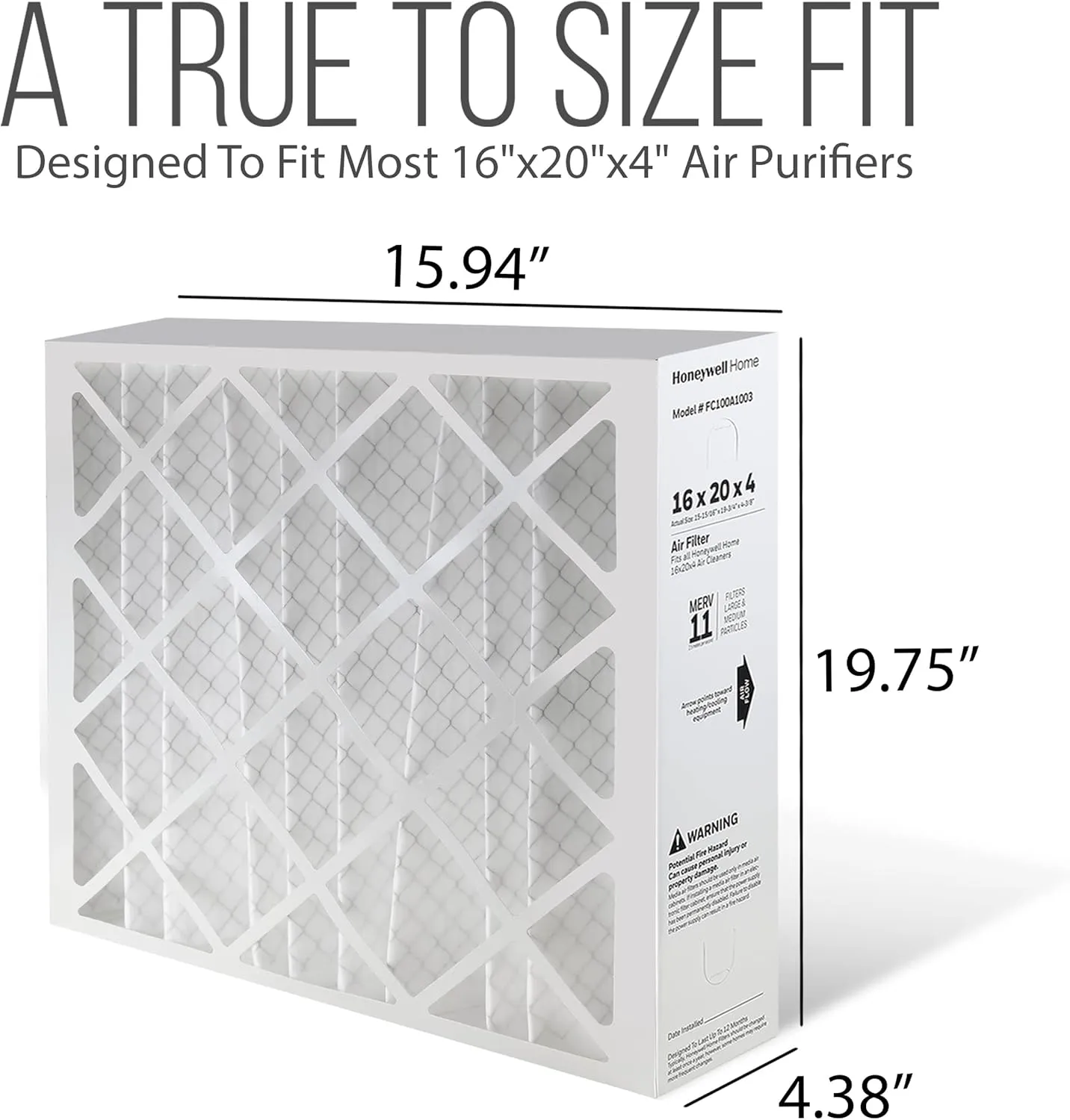 Honeywell 16x20x4 AC Furnace Air Filter Replacement - FC100A1003 HVAC Furnace Filters Merv 11 Filter Media, AC Filter with Homequip Disposal Bag, 2-Pack (Actual Size: 15.94 x 19.75 x 4.38 Inches)