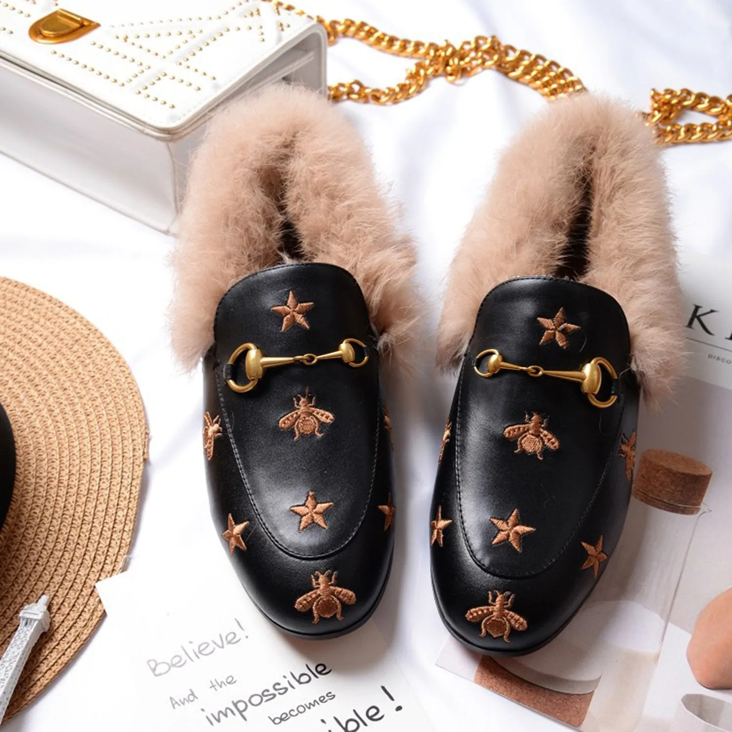 Horsebit Bee Star Embroidered Fur Loafers