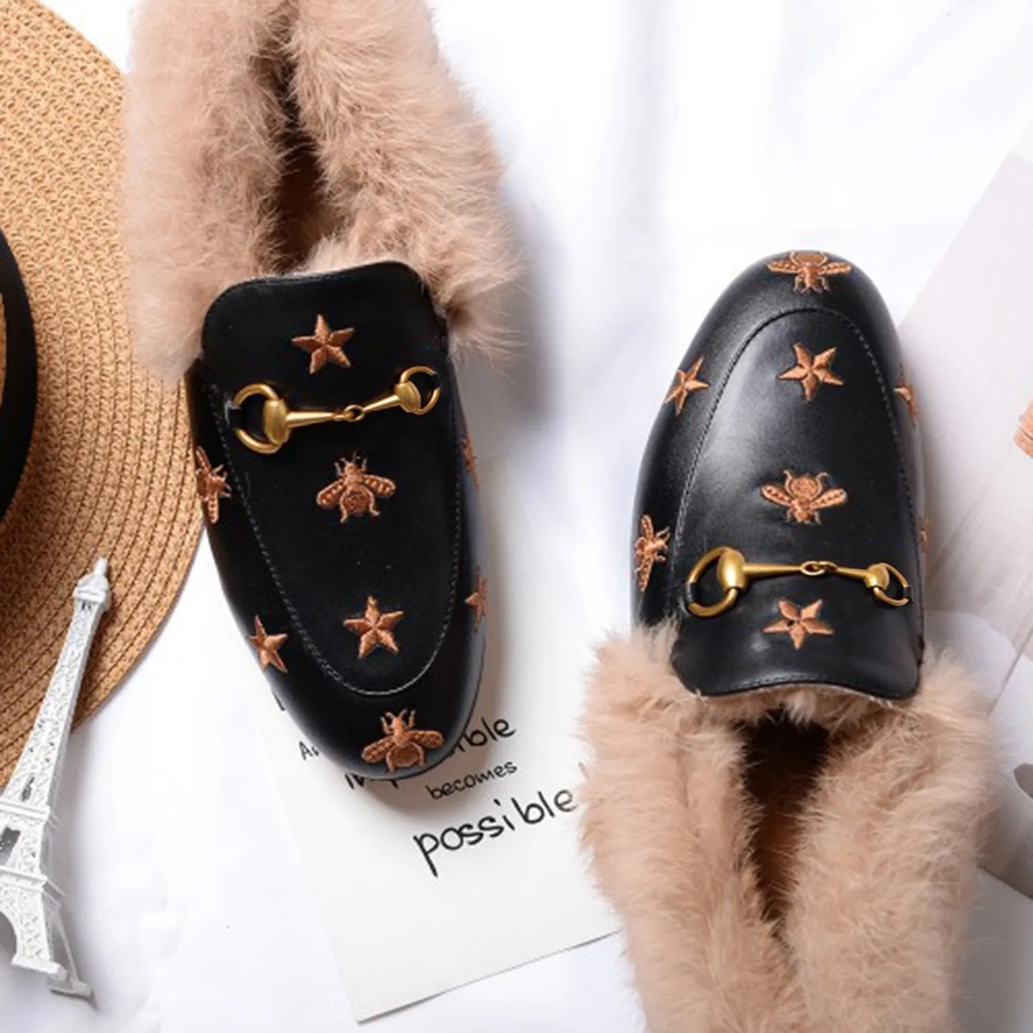 Horsebit Bee Star Embroidered Fur Loafers