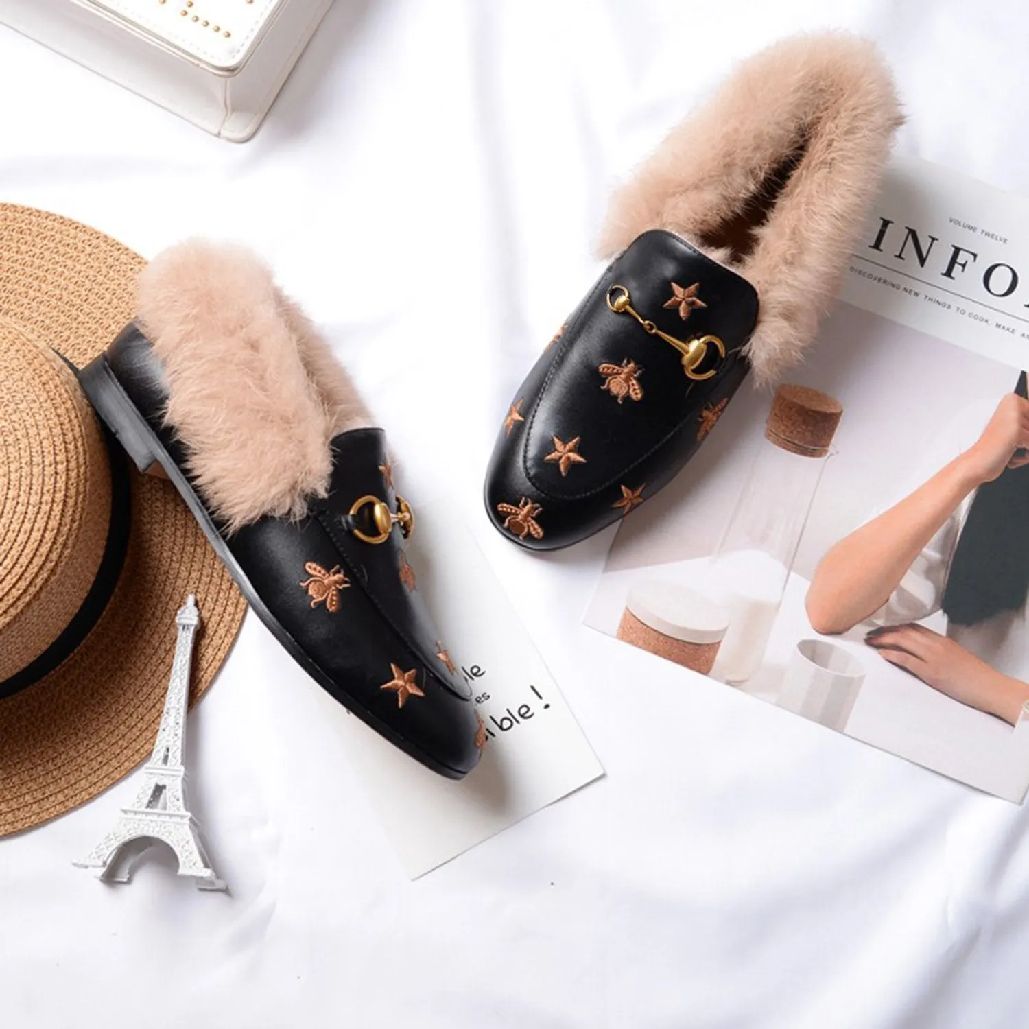 Horsebit Bee Star Embroidered Fur Loafers