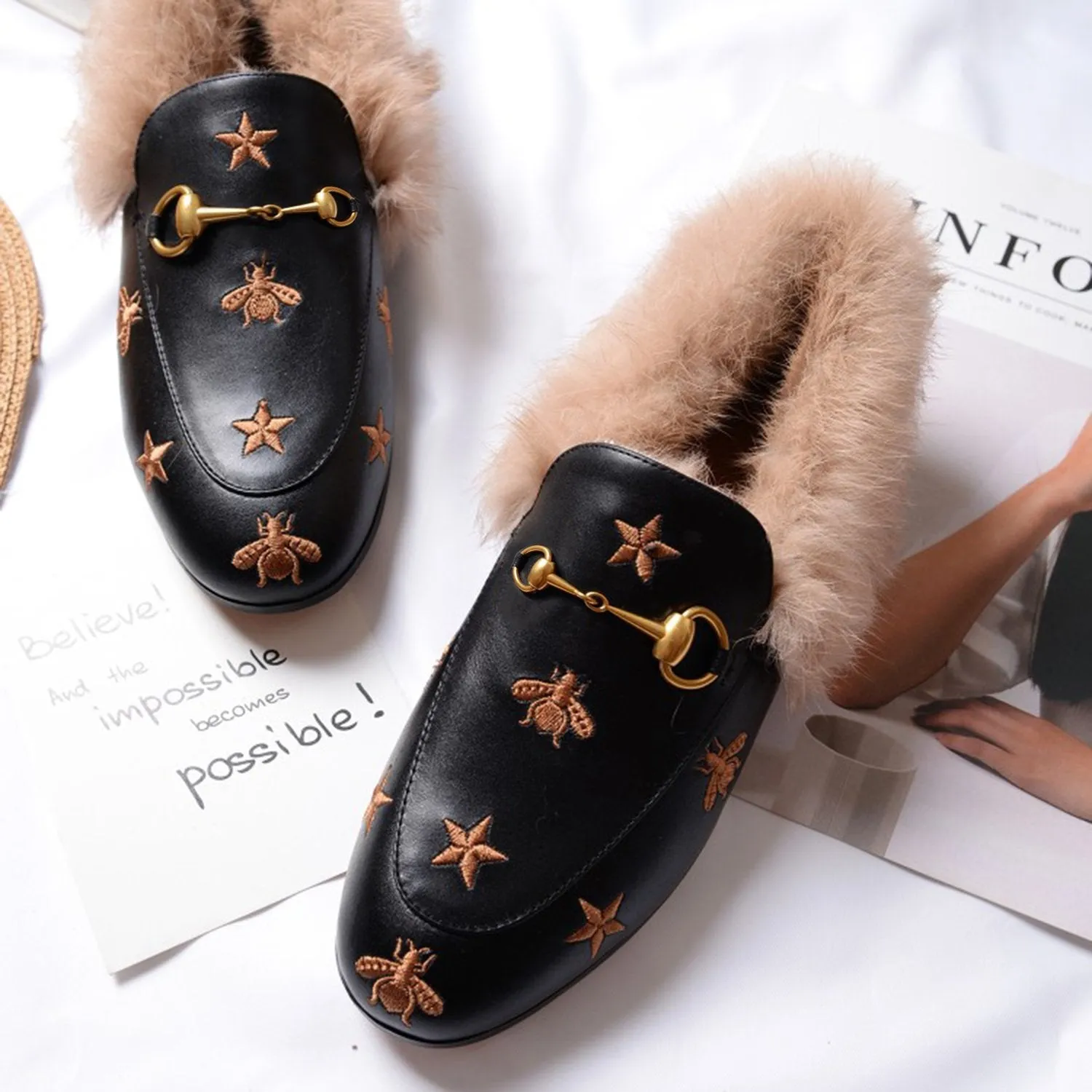 Horsebit Bee Star Embroidered Fur Loafers