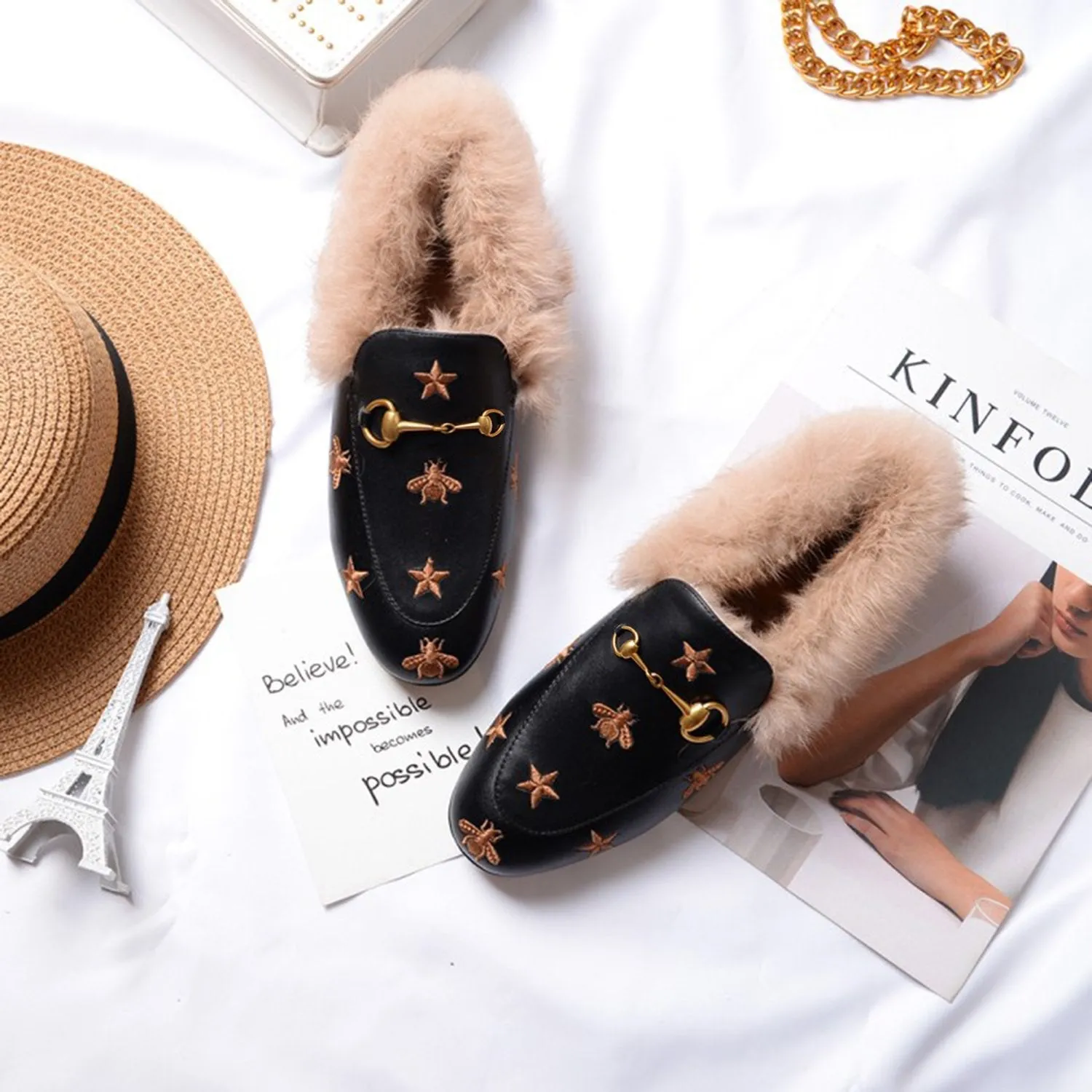 Horsebit Bee Star Embroidered Fur Loafers