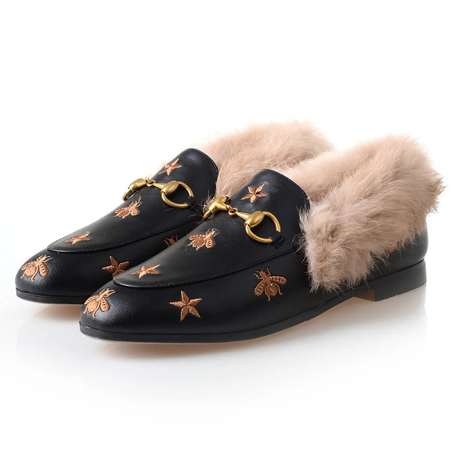 Horsebit Bee Star Embroidered Fur Loafers